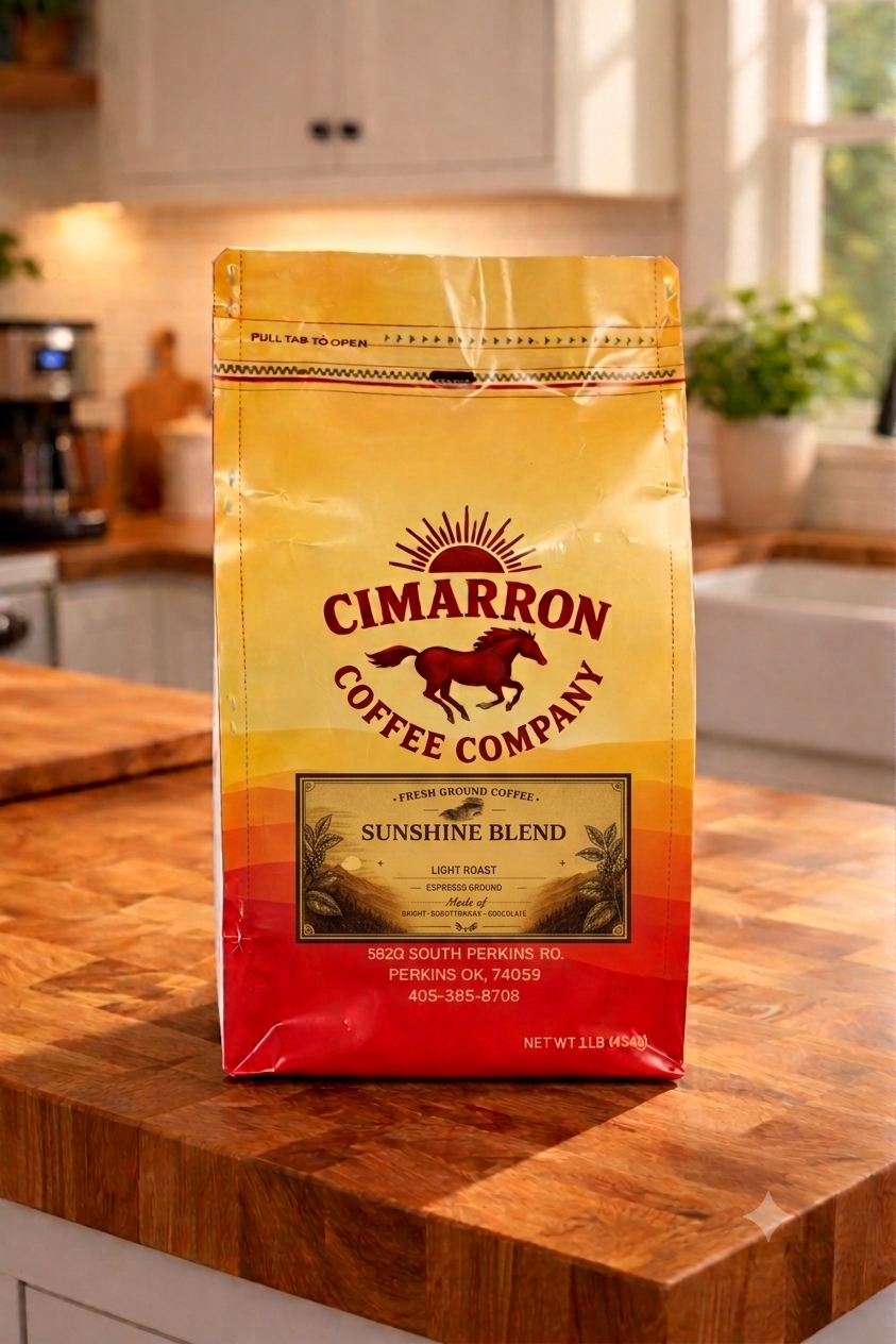 Cimarron Coffee Company Sunshine Blend light roast ground coffee in a one-pound bag