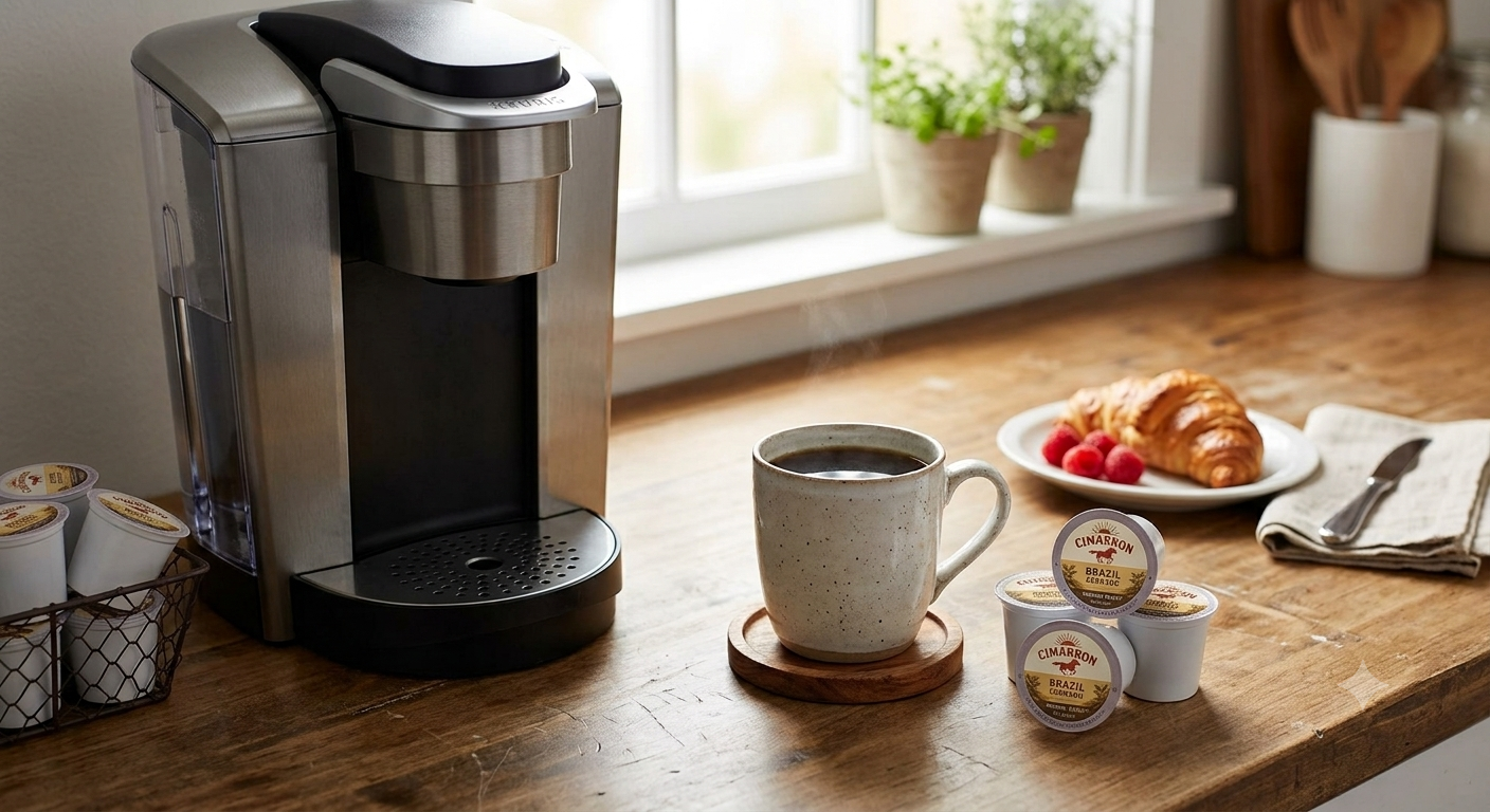 Single serve coffee cup beside a brewer, mug, and simple breakfast setup.