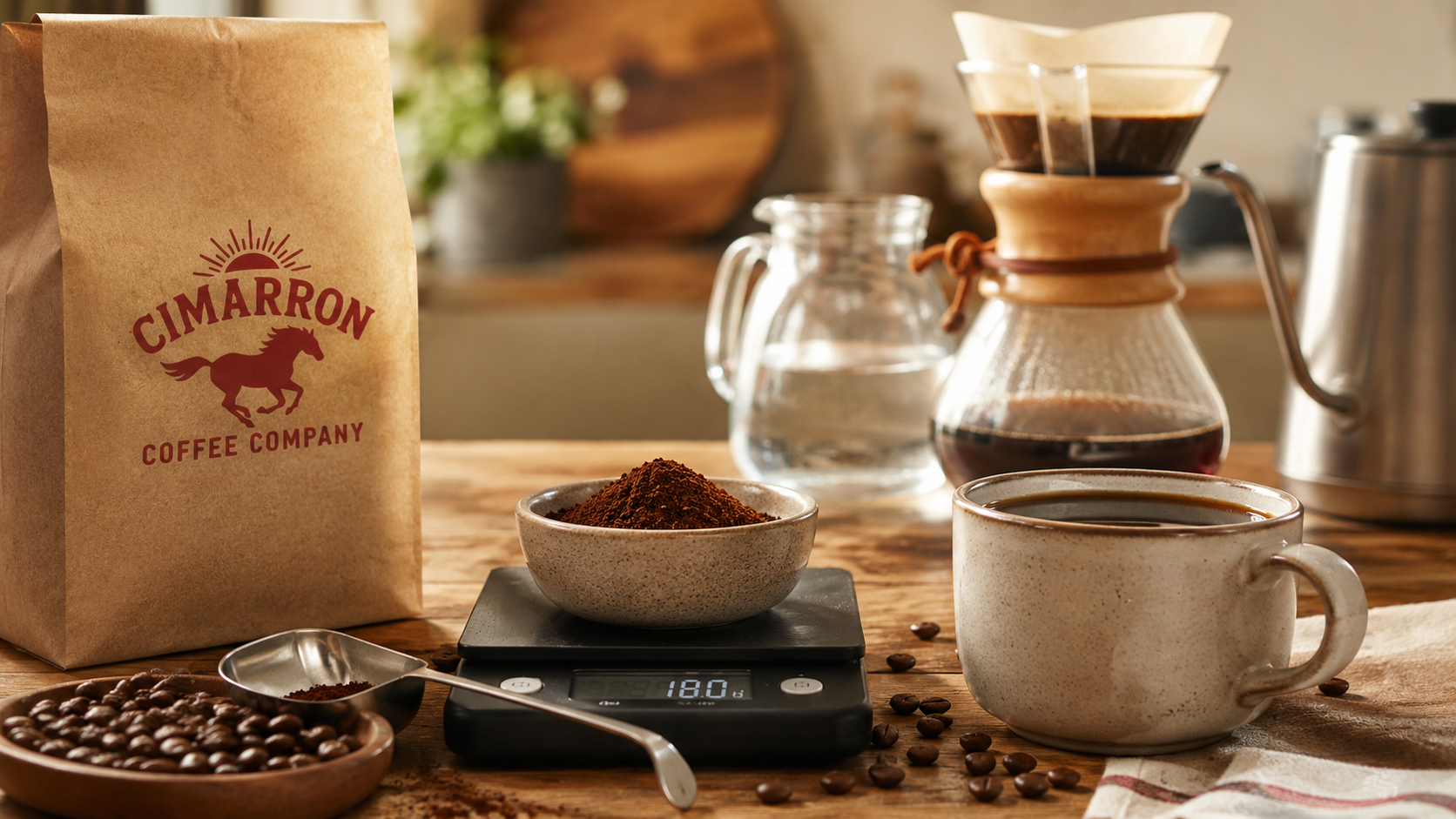 Coffee scoop and digital scale beside a mug and freshly ground coffee