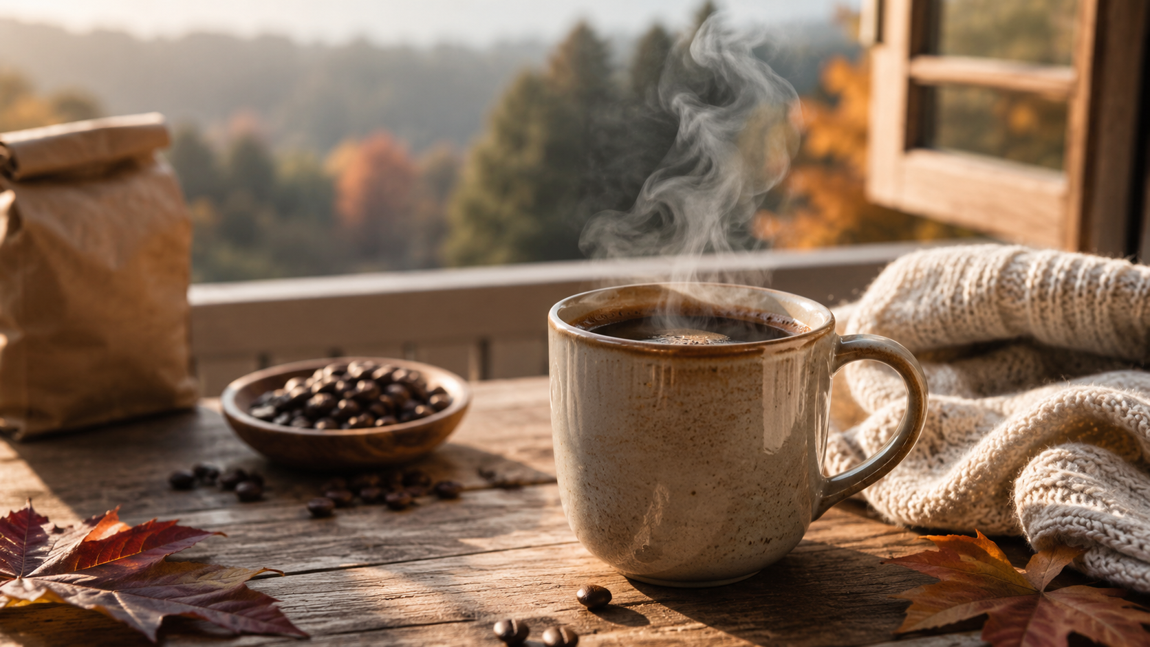Steaming mug of coffee outdoors on a cool early-fall morning