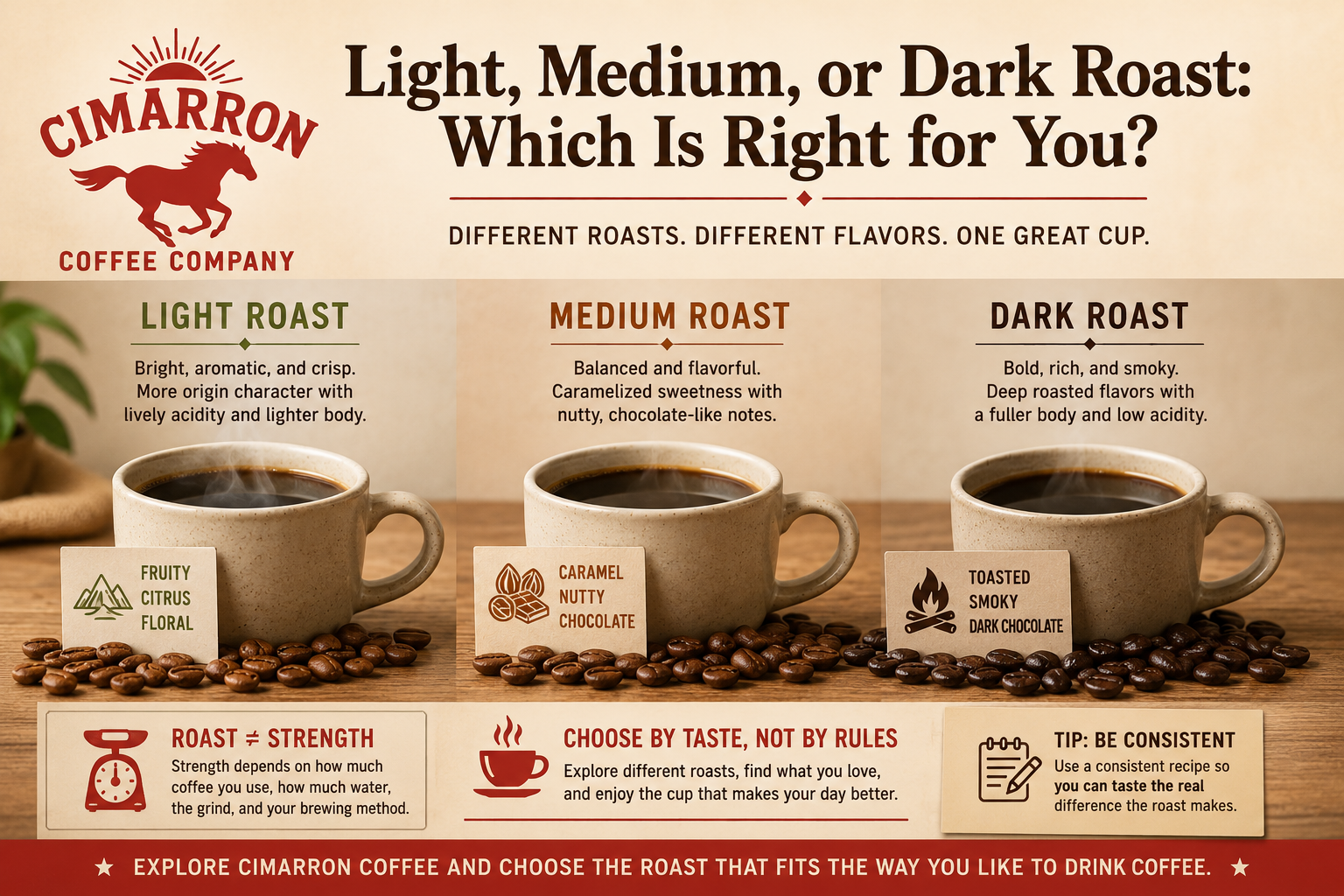 Three cups of coffee with light, medium, and dark roasted beans arranged beside them